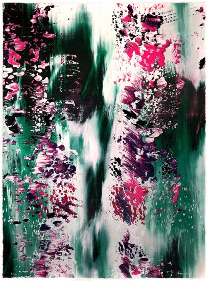 This is an abstract composition of green, pink, and white smeared paint.