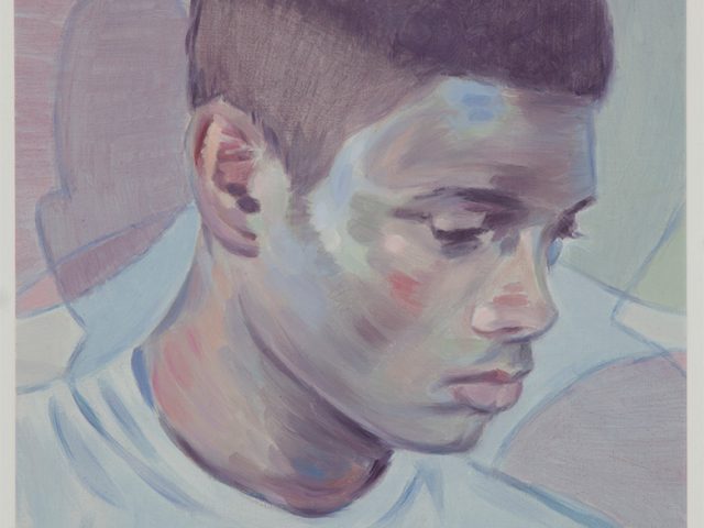 This is a painting of a young Black model in a white t-shirt in three-quarter profile.