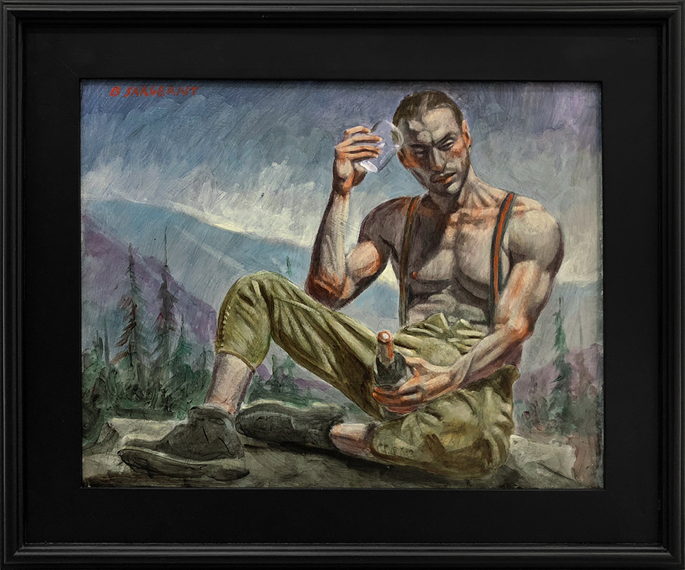 Painting by Mark Beard (Bruce Sargeant) of a shirtless man in suspenders holding a glass and a bottle against an alpine landscape.