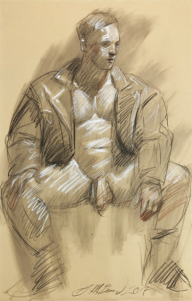 This is a drawing on buff paper of a nearly naked sitting man wearing a leather jacket.