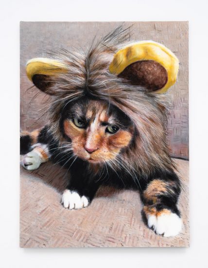 This is a painting of a cat wearing a lion costume.