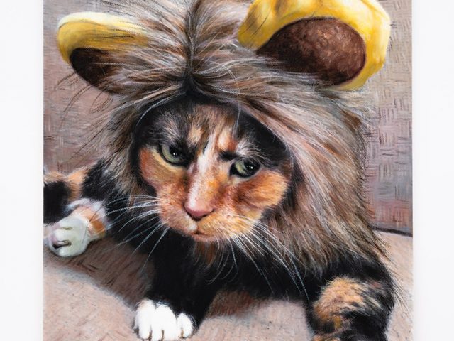 This is a painting of a cat wearing a lion costume.