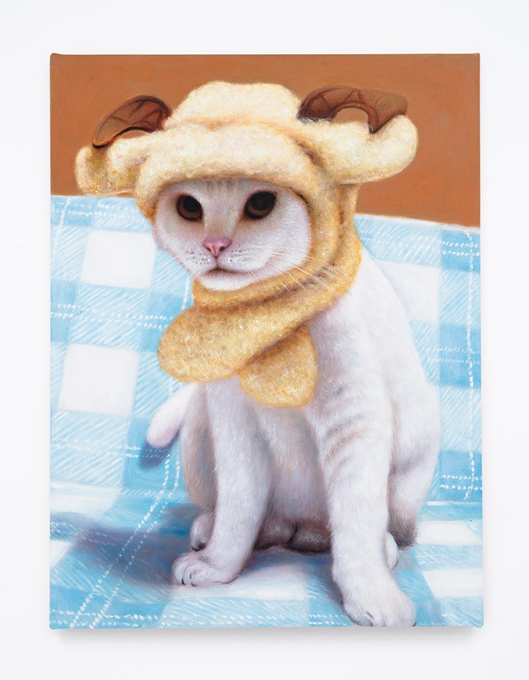 This is a painting of a white cat, wearing a lamb costume hat.