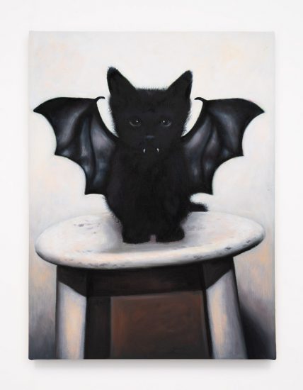 This is a painting of a black kitten wearing a bat costume.