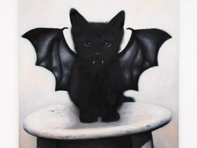 This is a painting of a black kitten wearing a bat costume.