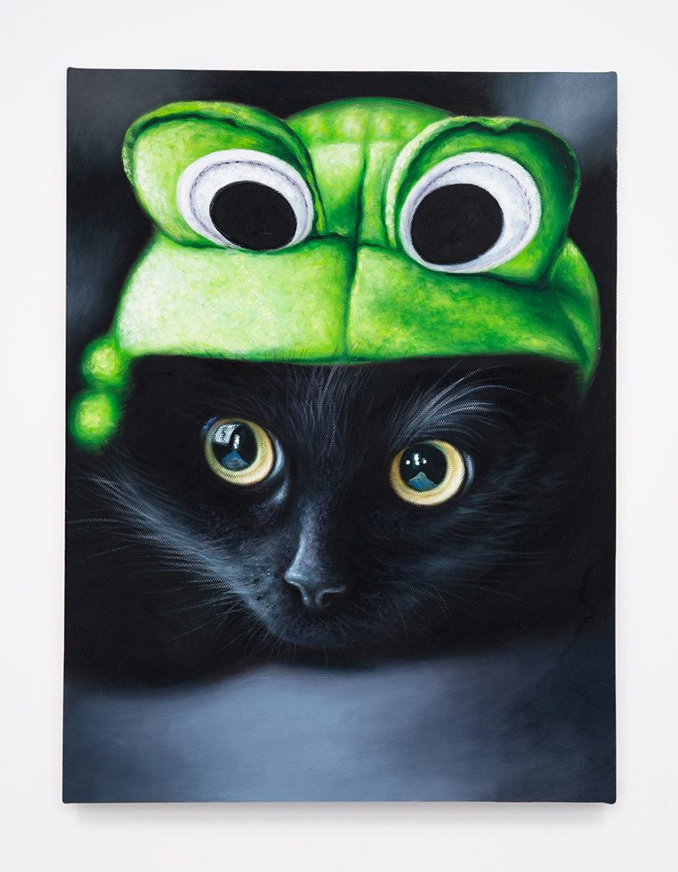 This is a painting of a black kitten wearing a frog costume.