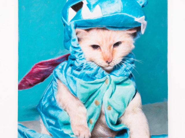 This is an oil painting of a cat wearing a blue dragon costume.