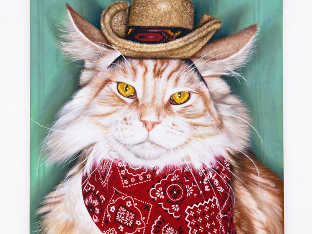 This is a painting of a long haired tabby car wearing a mini cowboy hat and a red bandanna around its neck.