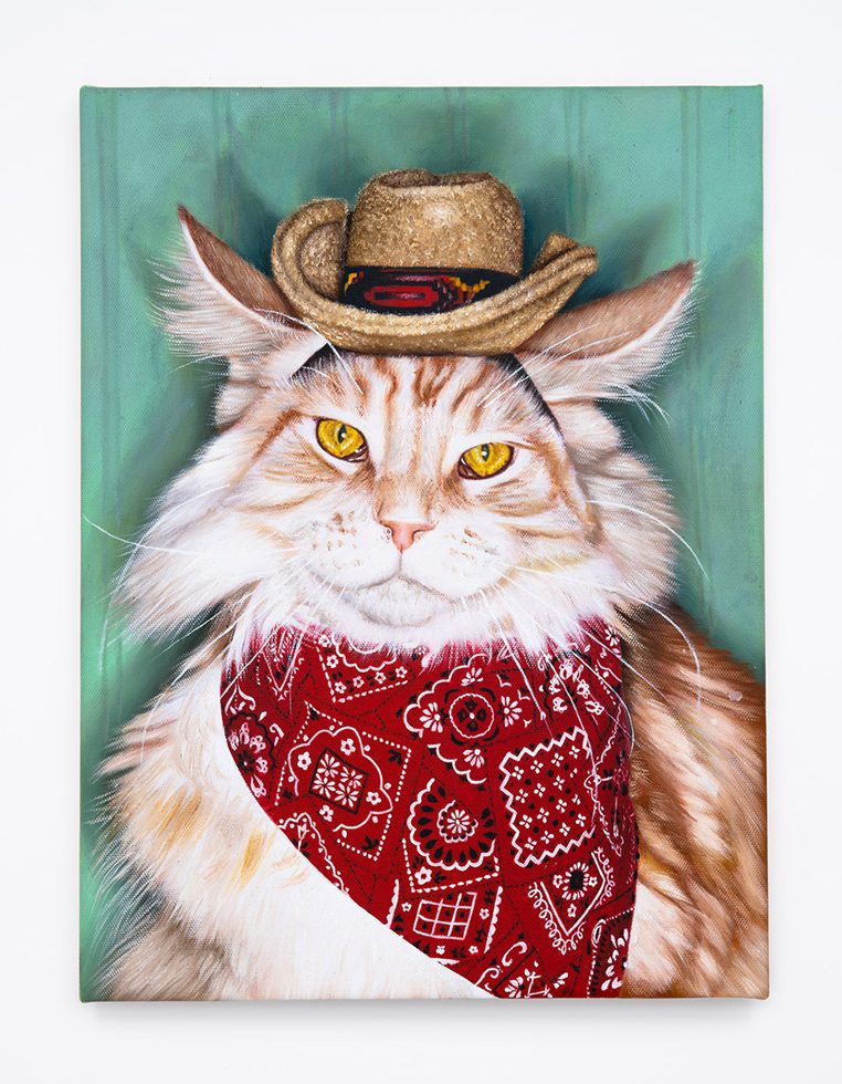 This is a painting of a long haired tabby car wearing a mini cowboy hat and a red bandanna around its neck.