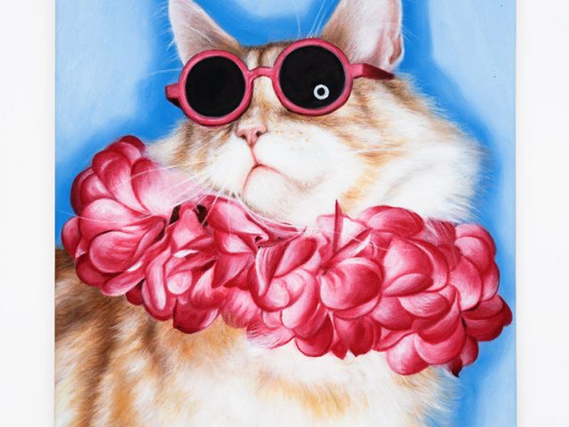 This is a painting of an orange tabby cat wearing pink sunglasses and a lei of pink flowers.