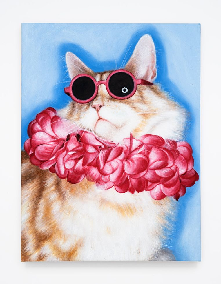 This is a painting of an orange tabby cat wearing pink sunglasses and a lei of pink flowers.