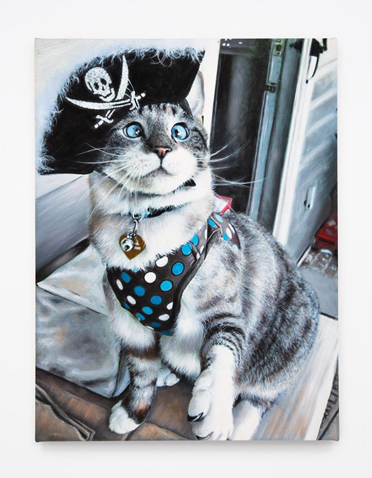 This is an oil painting of a grey tabby cat wearing a pirate hat.