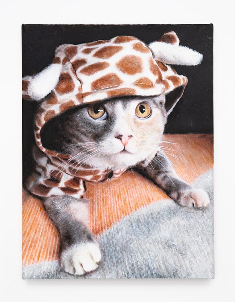 This is a painting of a grey cat wearing a giraffe costume.