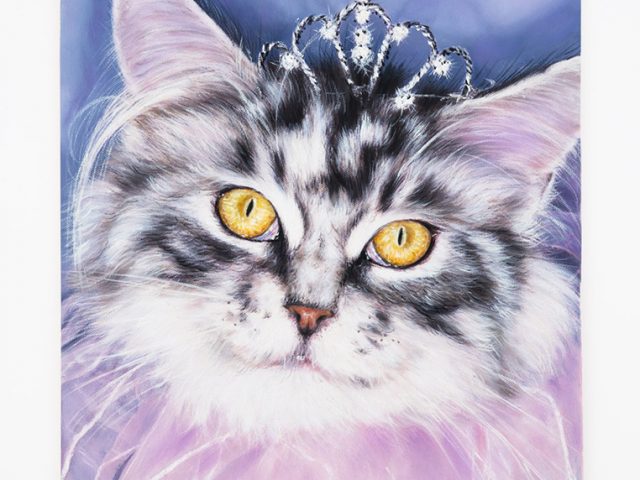 This is an oil painting of a long haired grey tabby wearing a mini tiara and pink princess collar.