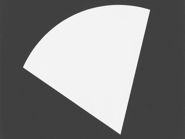 This is an abstract print with a white wedge form on a rich, black background.