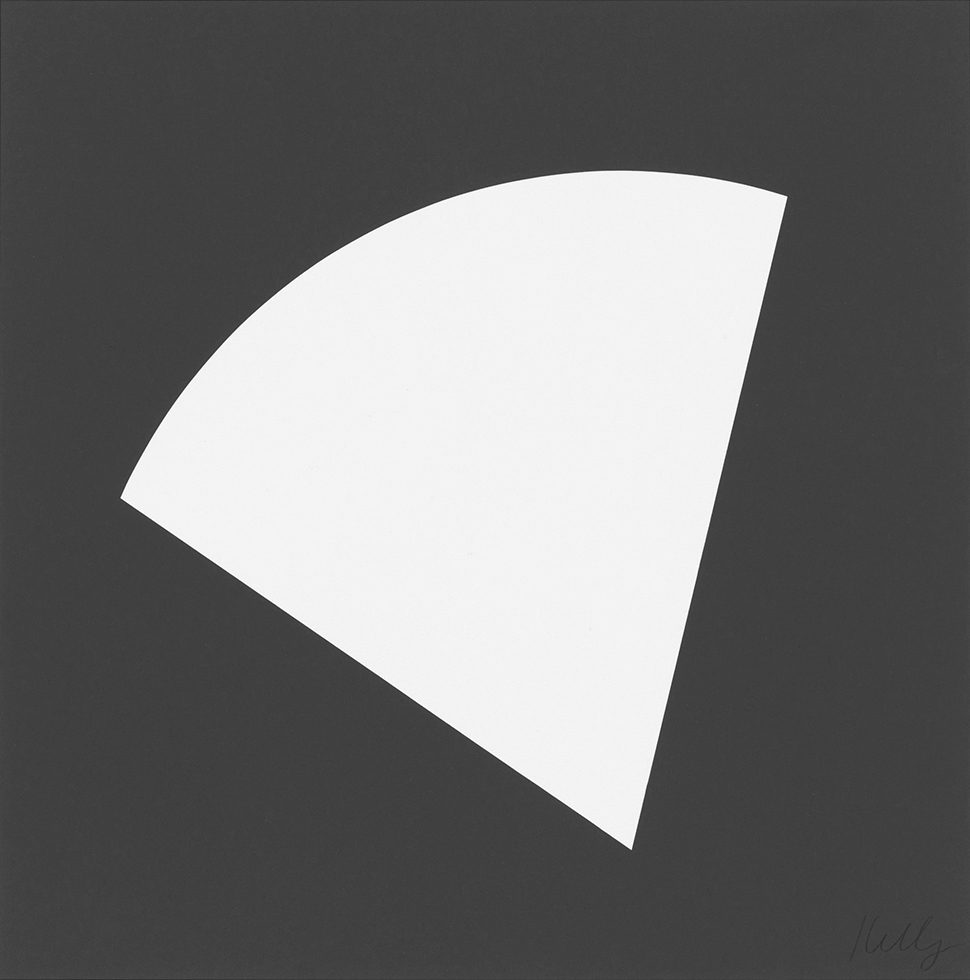 This is an abstract print with a white wedge form on a rich, black background.