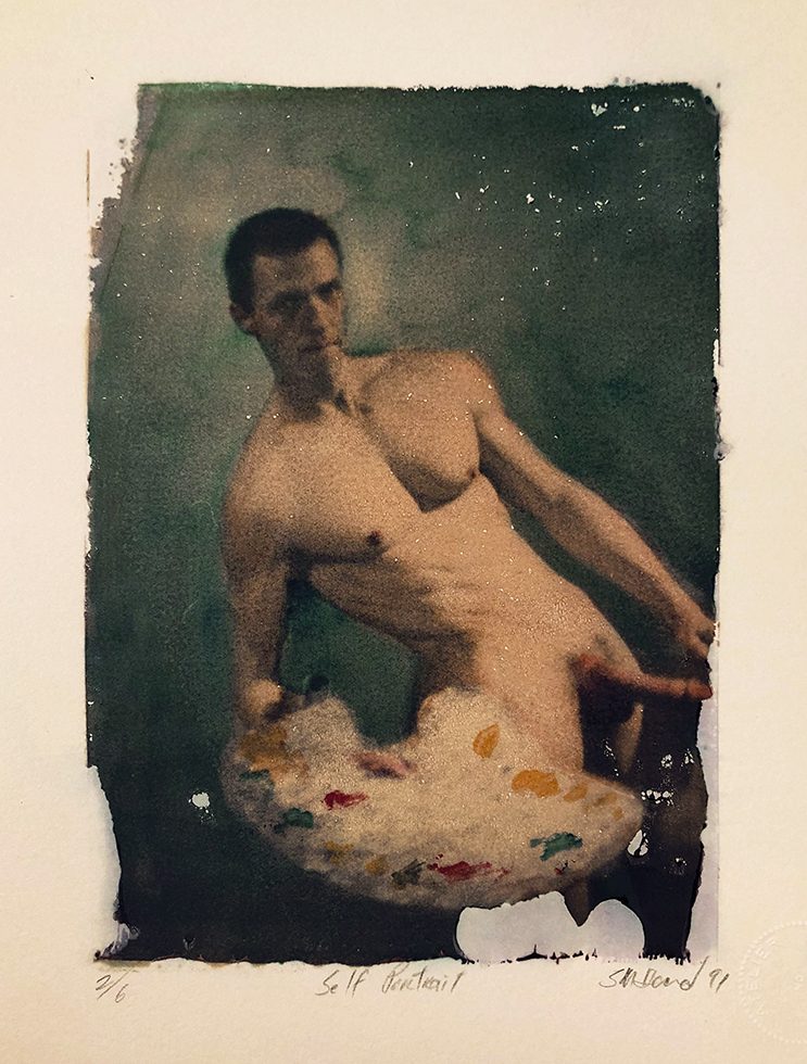 This is a color self portrait photo by Mark Beard naked with a painting palette against a green background.