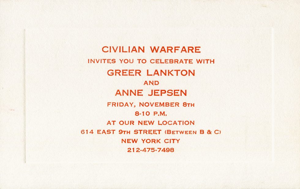 Invitation to two-person exhibition at Civilian Warfare by Greer Lankton