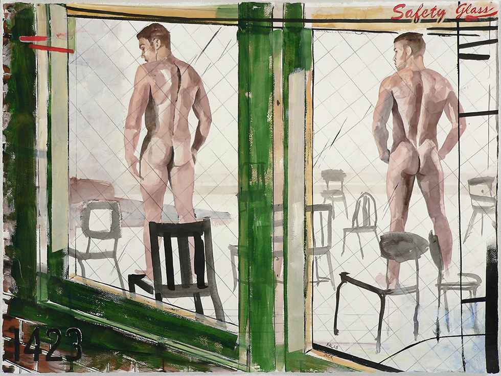 This is a watercolor of two nude male figures seen from behind through a window.