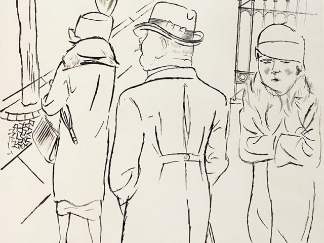 This is a drawing in black ink of a man and two women in the 1920s on a sidewalk.