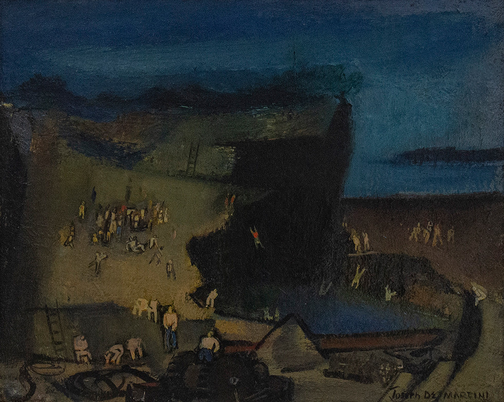 This is a painting of many figures swimming in a water-filled quarry with others lounging on the sides.