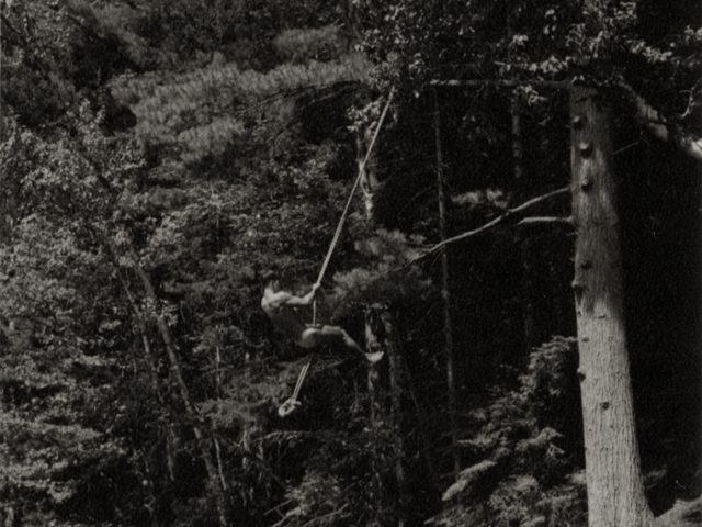 Photograph of a man swinging on a rope above a lake