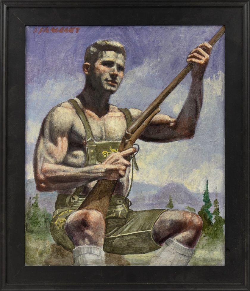 This is a painting displayed in a black frame depicting a man in lederhosen holding a rifle against a mountainous landscape.