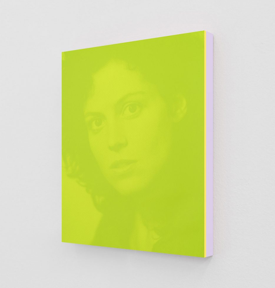 This is neon green print of Sigourney Weaver from the movie Alien.