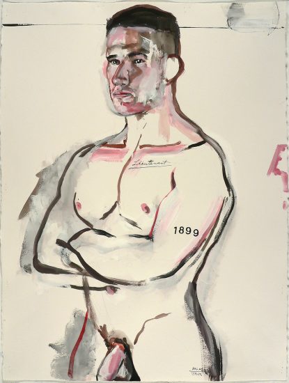 This drawing shows a large man with his arms crossed.