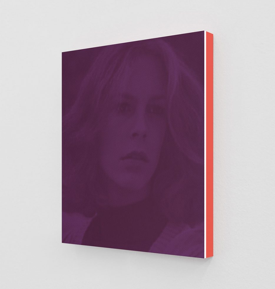 This is a purple print of Jamie Lee Curtis as Laurie from the film “Halloween.”