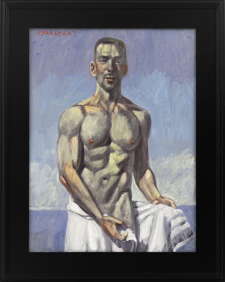 This is a painting displayed in a black frame of a shirtless man emerging from the ocean with a white towel wrapped around his waist.