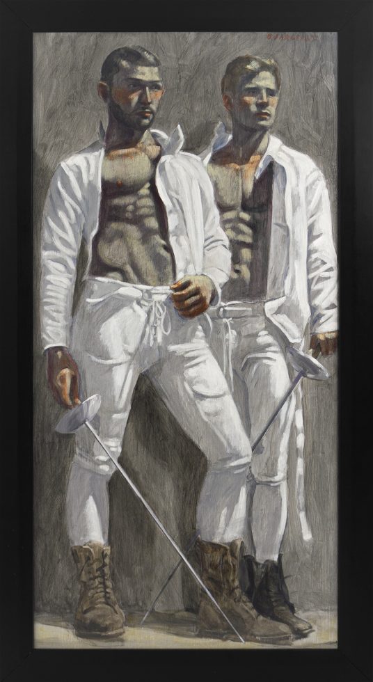 A painting by Mark Beard (Bruce Sargeant) of two fencers in white garments against a gray background watching a match.