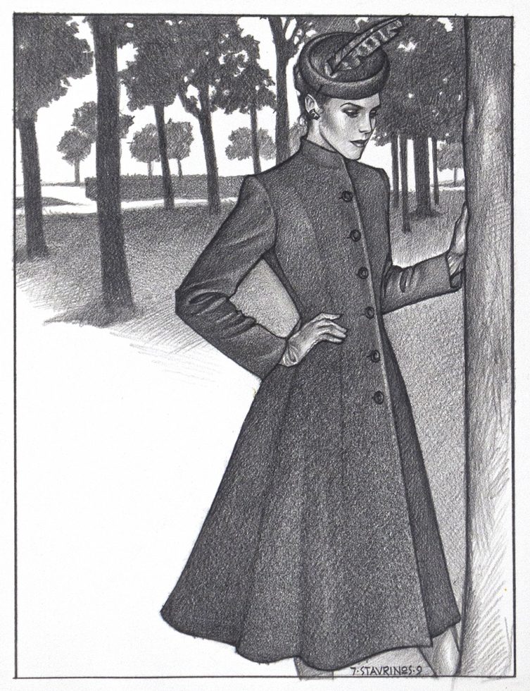 This is a black-and-white graphite drawing of a fashionable woman from the 1980s in a coat by a tree in a park.