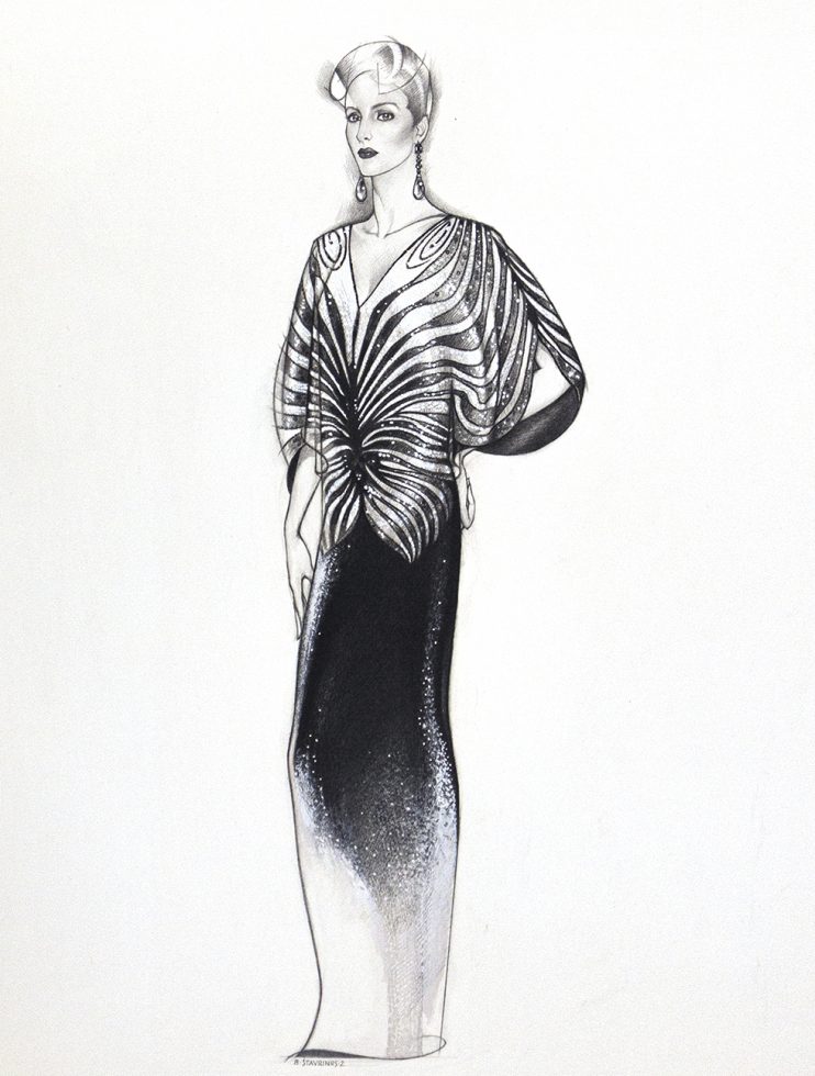 This is a black-and-white drawing of a fashionable woman from the 1980s in an evening gown.