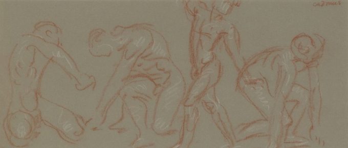 A drawing on green paper of multiple nude figures.