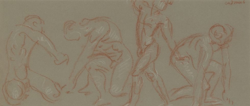 A drawing on green paper of multiple nude figures.