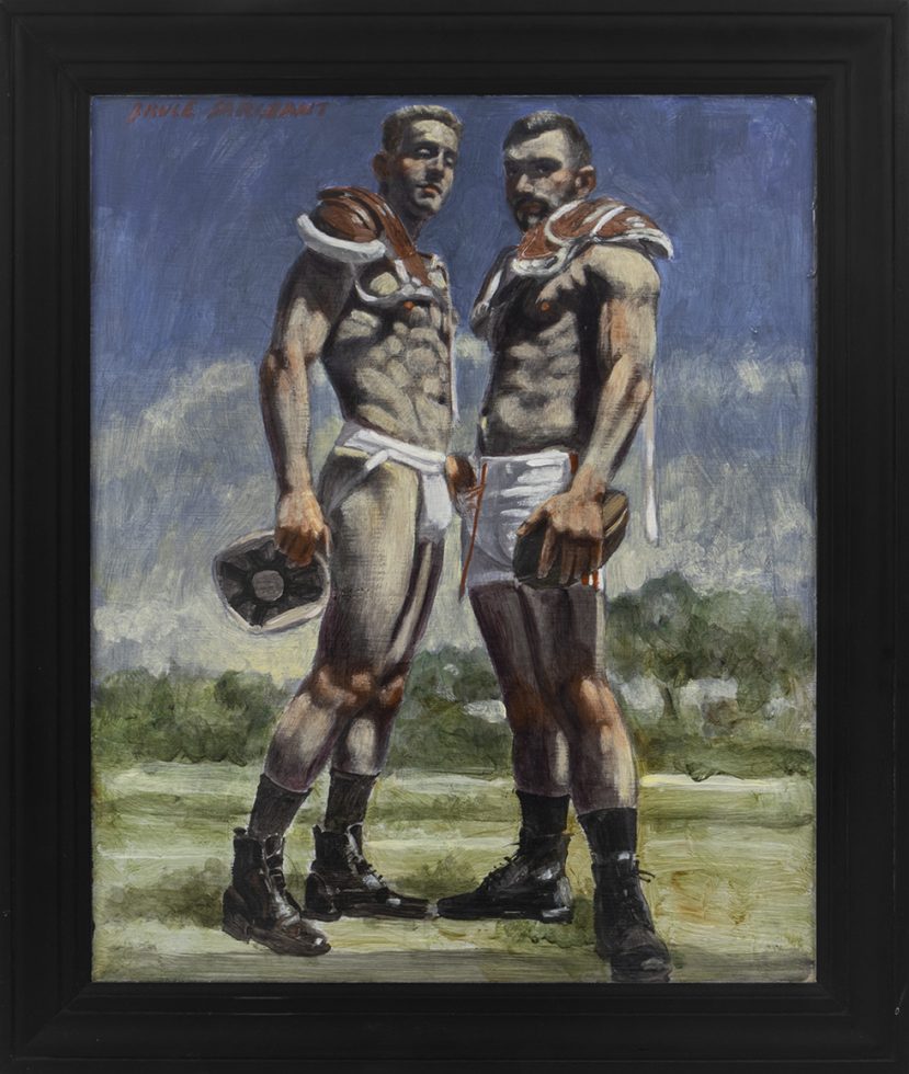 This is a painting of two shirtless football players facing one another in a green field.