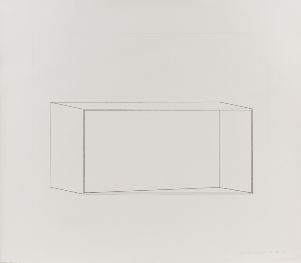 This is a black-and-white print depicting a box-like form in simple black lines against a white background.