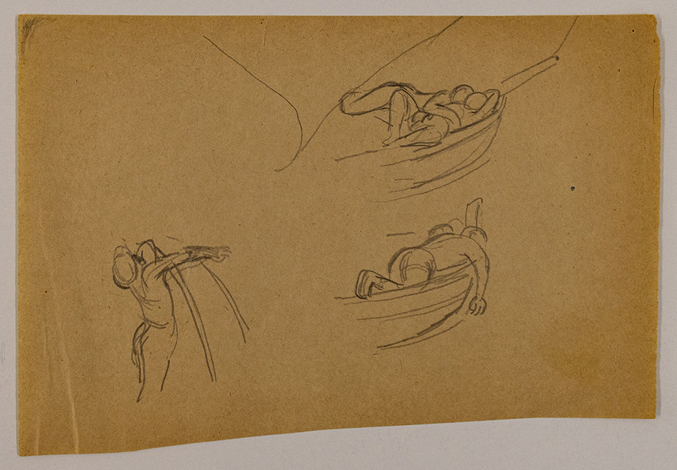 This is a drawing on buff paper of three different studies of human figures laying in a boat.
