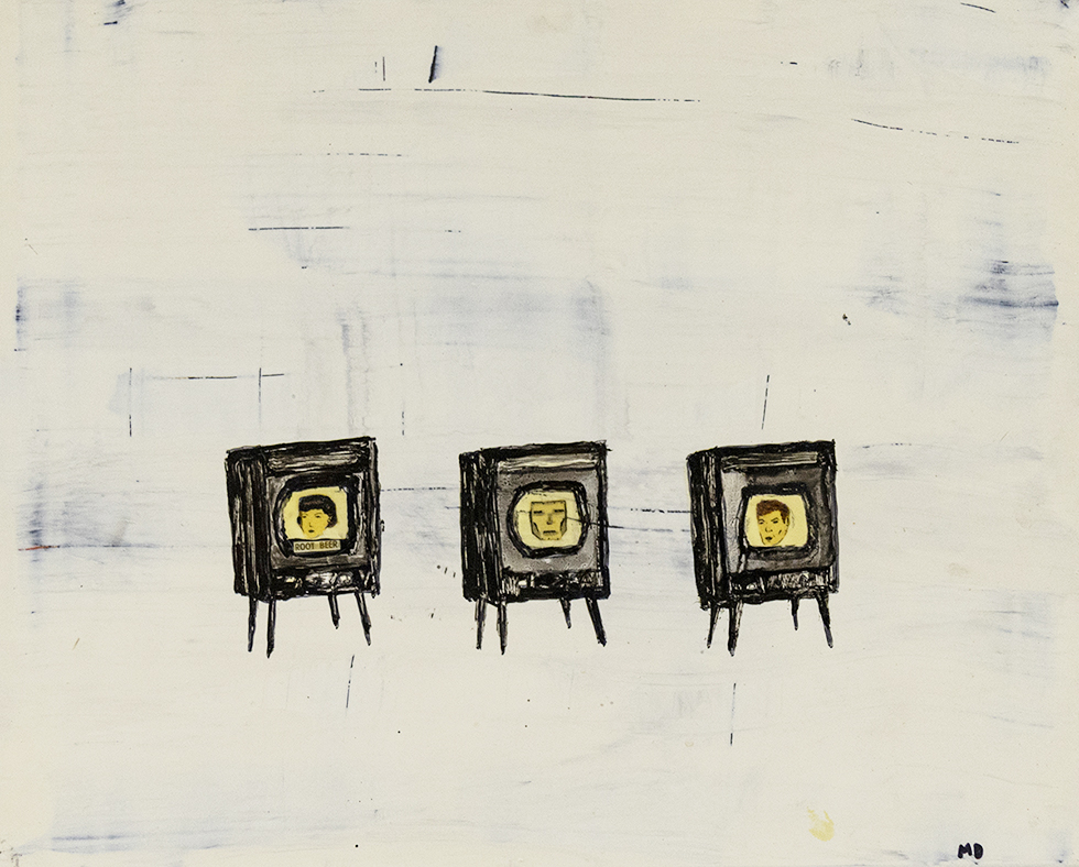 This is a painting of three old-style television sets, each with its own talking head on the screen.