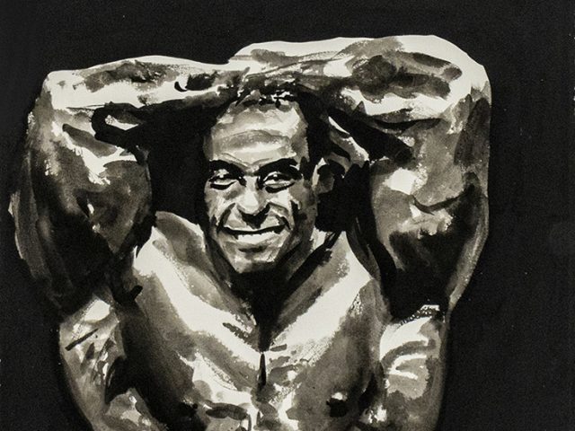 This is a wantercolor in blacks and grays of a Black bodybuilder with his arms over his head.