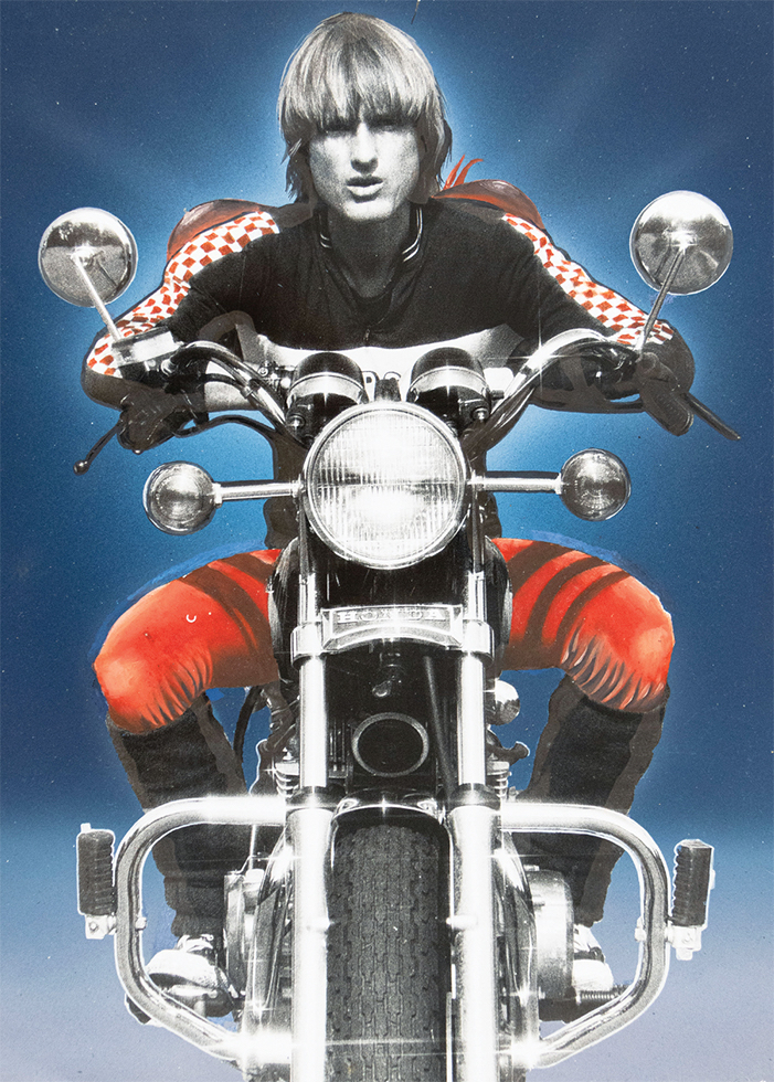 Photographic self portrait of Peter Berlin sitting on a motorcycle