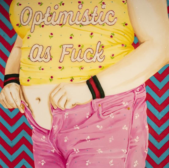 This is a painting of a woman trying to button her pink patterned jeans wearing a yellow shirt with text.