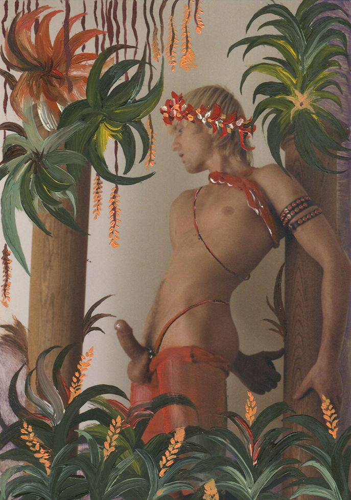 Self portrait of artist Peter Berlin standing amongst jungle plants he's painted into the photograph