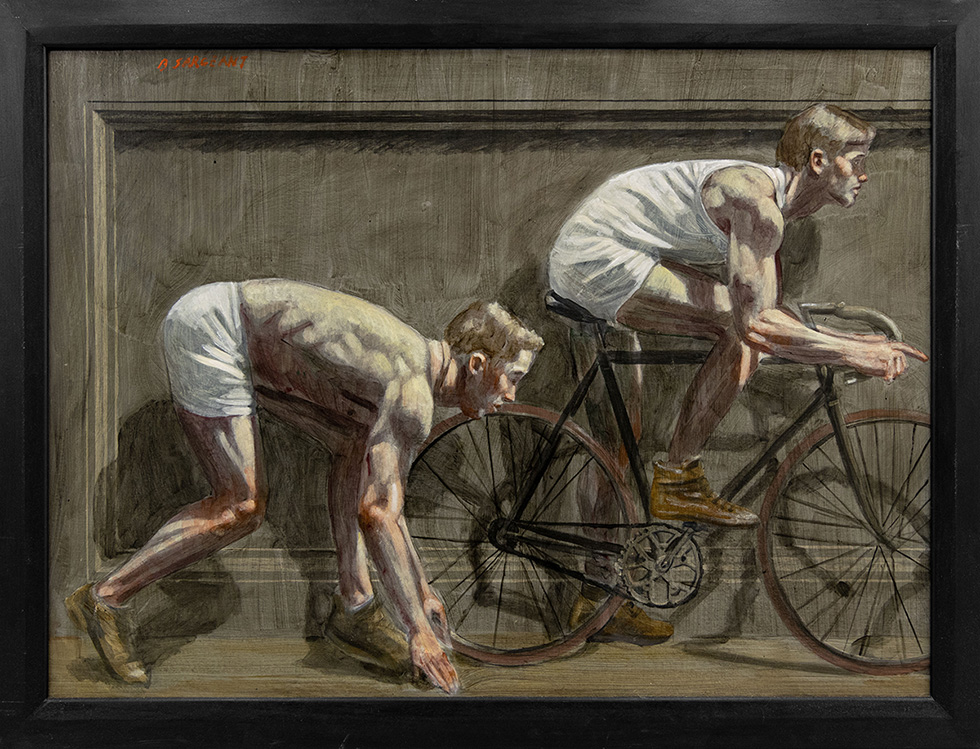 This is a painting displayed in a black frame depicting a crouching runner and a man on a bicycle.