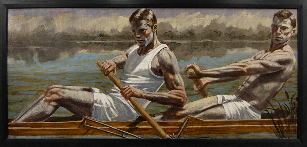 This is a painting displayed in a black frame of two rowers gliding in a scull across a body of water.