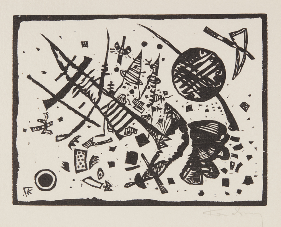 This is an abstract black-and-white woodcut on buff paper with a sphere shape to the upper right.