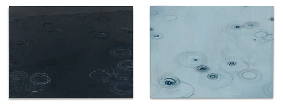 This is a diptych of two paintings depicting raindrops on the surface of water with a dark version on the left and a light version on the right.