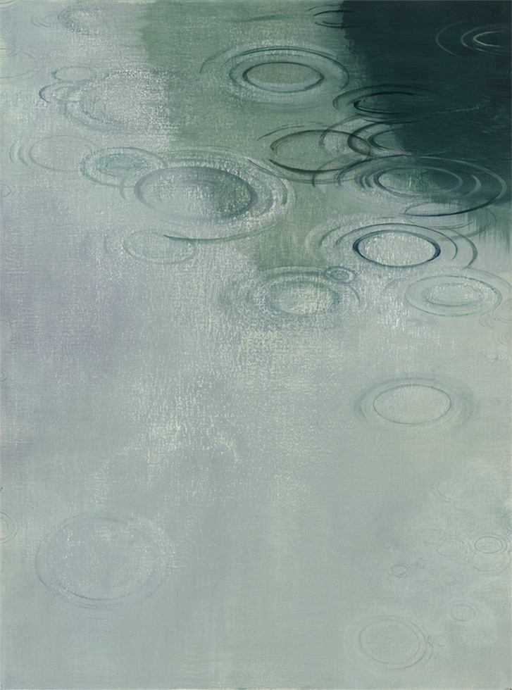 This is a painting of raindrops on the surface of water in green hues.