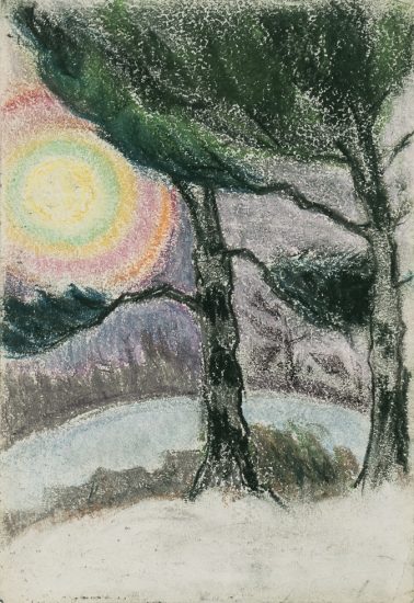 This is a pastel drawing of two trees in the foreground with a dramatic, colorful sun in the background on the left by the horizon.